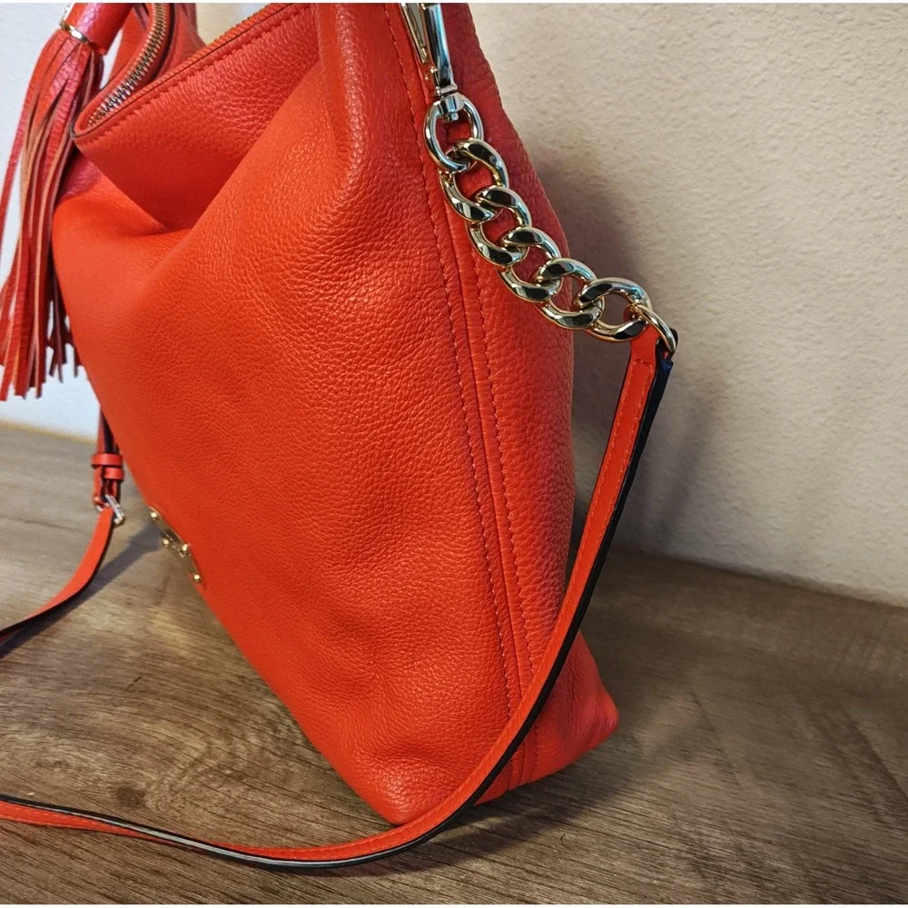 Michael Kors Hobo Crossbody Bag Womens Large Orange Pebbled Leather Tassel Gold